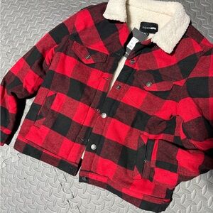 Fashion Nova Women’s Black and Red Buffalo Plaid Sherpa Lined Jacket